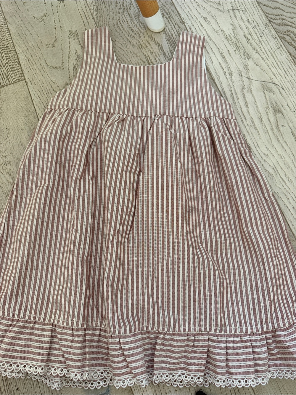 Striped Pink Sleeveless Cotton Dress with Lace Hem for Girls